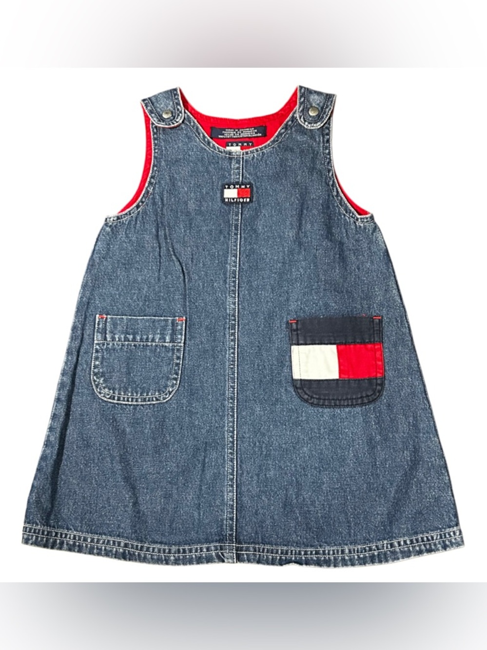 Vtg Tommy Hilfiger Girls Denim Flag Dress 2T Pinafore 90s Red Lining